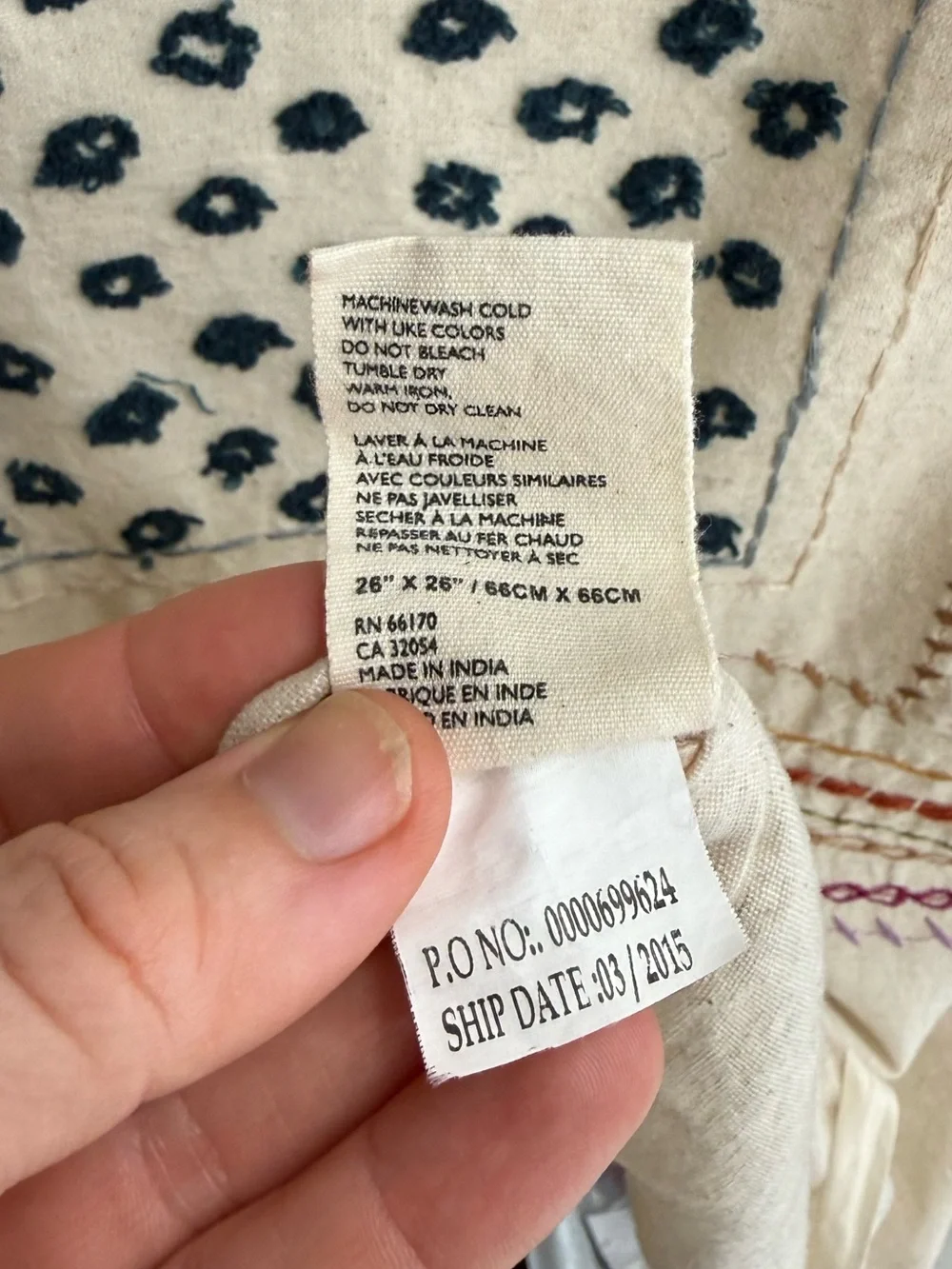 Anthropologie Embroidered Cotton Linen Euro Sham Cover | Natural | 26”x26”